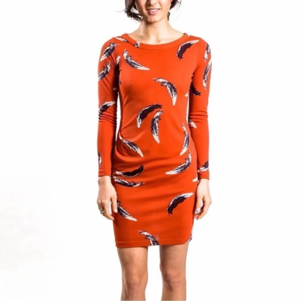 Yoana Baraschi Dreamweaver Orange Long Sleeve Feathers Dress